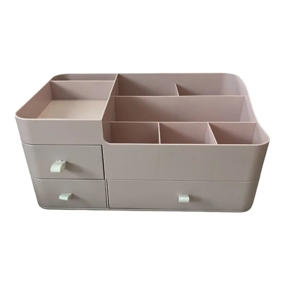 Multi-Compartment Desktop Organizer – Light Pink Plastic Storage Box with Drawer